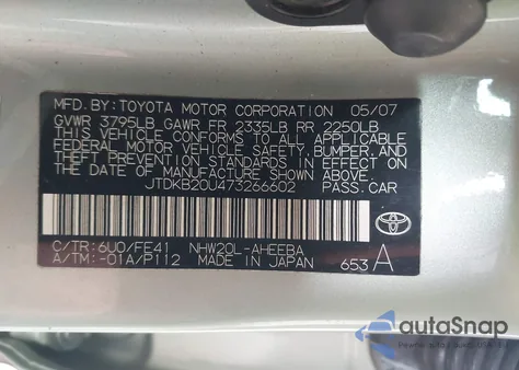 2007 Toyota Prius z USA, uszkodzony, nr VIN JTDKB20U473266602